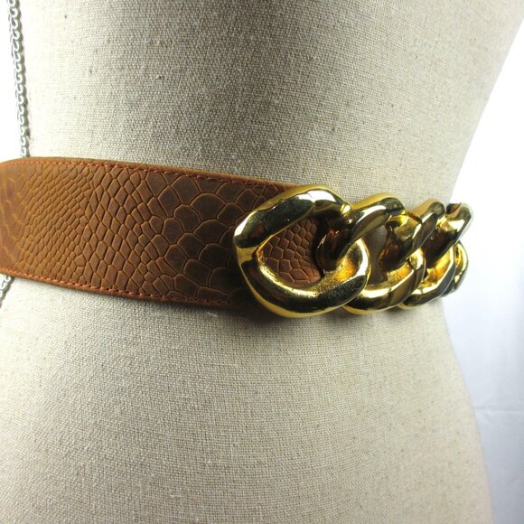 Raina Belt Jaclyn Chain Leather Adjustable Brown Gold Buckle Classic - Picture 2 of 6
